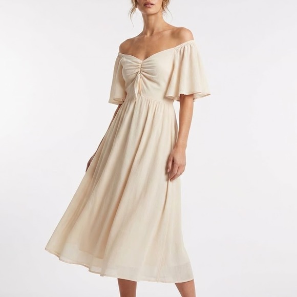 PrettyGarden Dresses & Skirts - PrettyGarden Midi Dress Women 2XL Beige Ruched Smocked Back Ruffle Short Sleeve